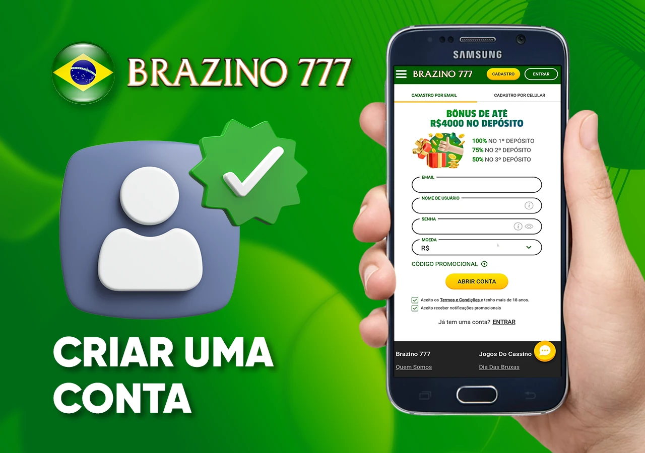 Registro de conta no aplicativo móvel Brazino777